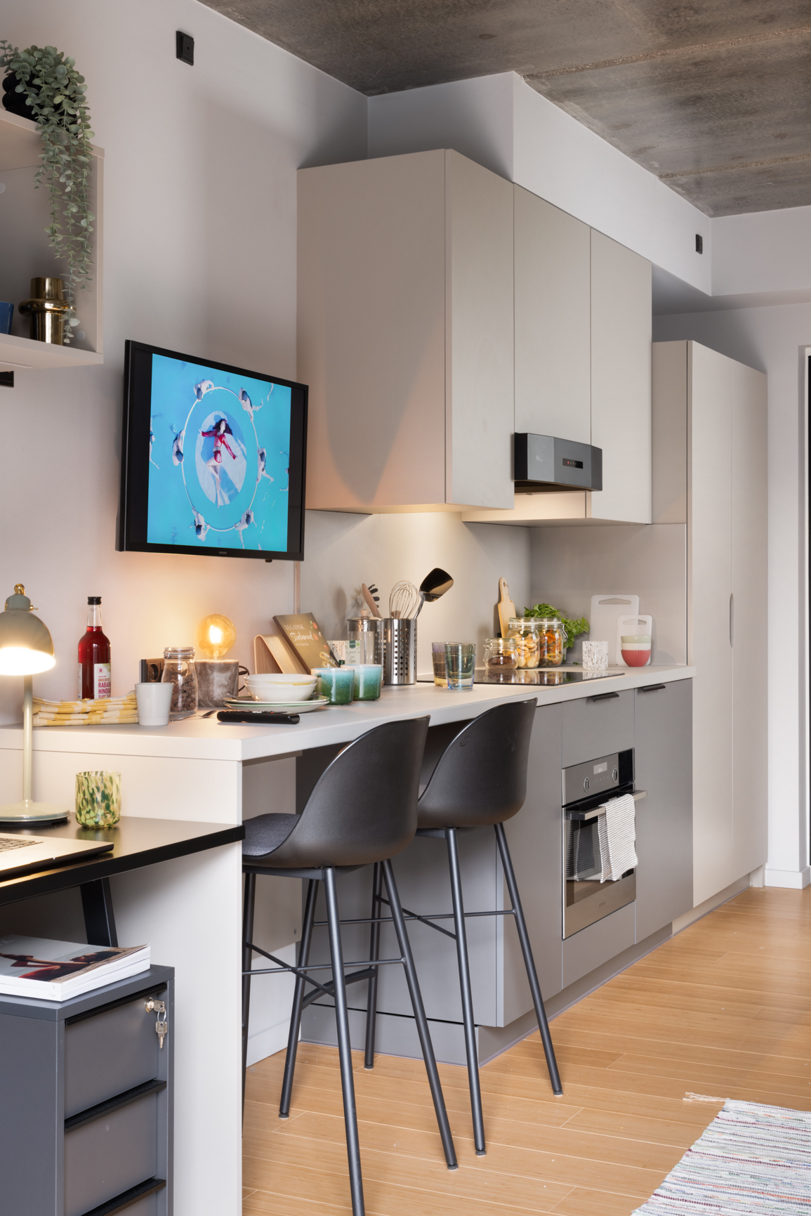 Modern Medium Studio mini kitchen in Basestack Living student accommodation and apartments to rent in Copenhagen