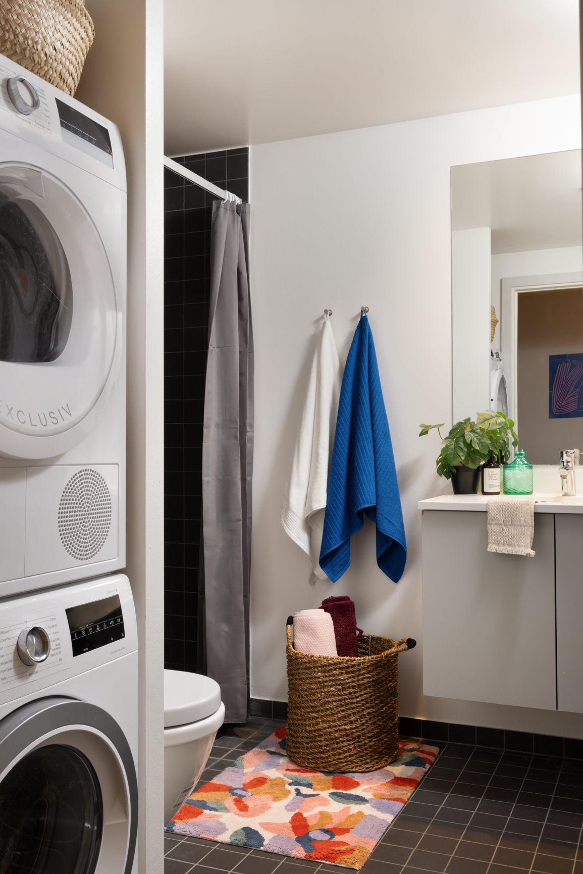 Bathroom in apartment with washing machine and dryer in Basestack Living student accommodation and apartments to rent in Copenhagen