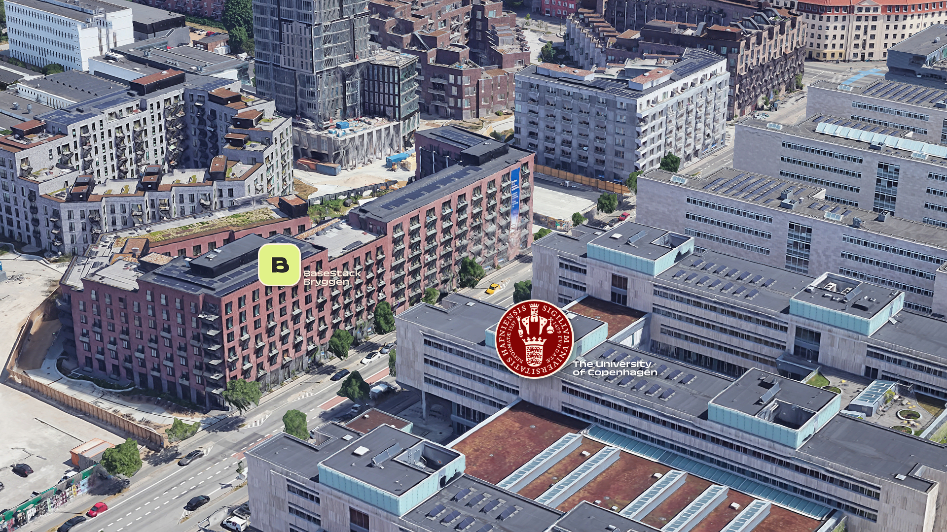 Aerial view of Basestack Bryggen showing that it is opposite University of Copenhagen