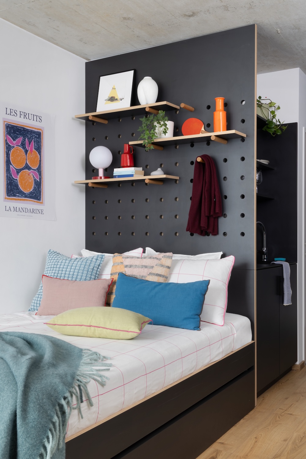 Colorful cushions and built-in furniture in the student room