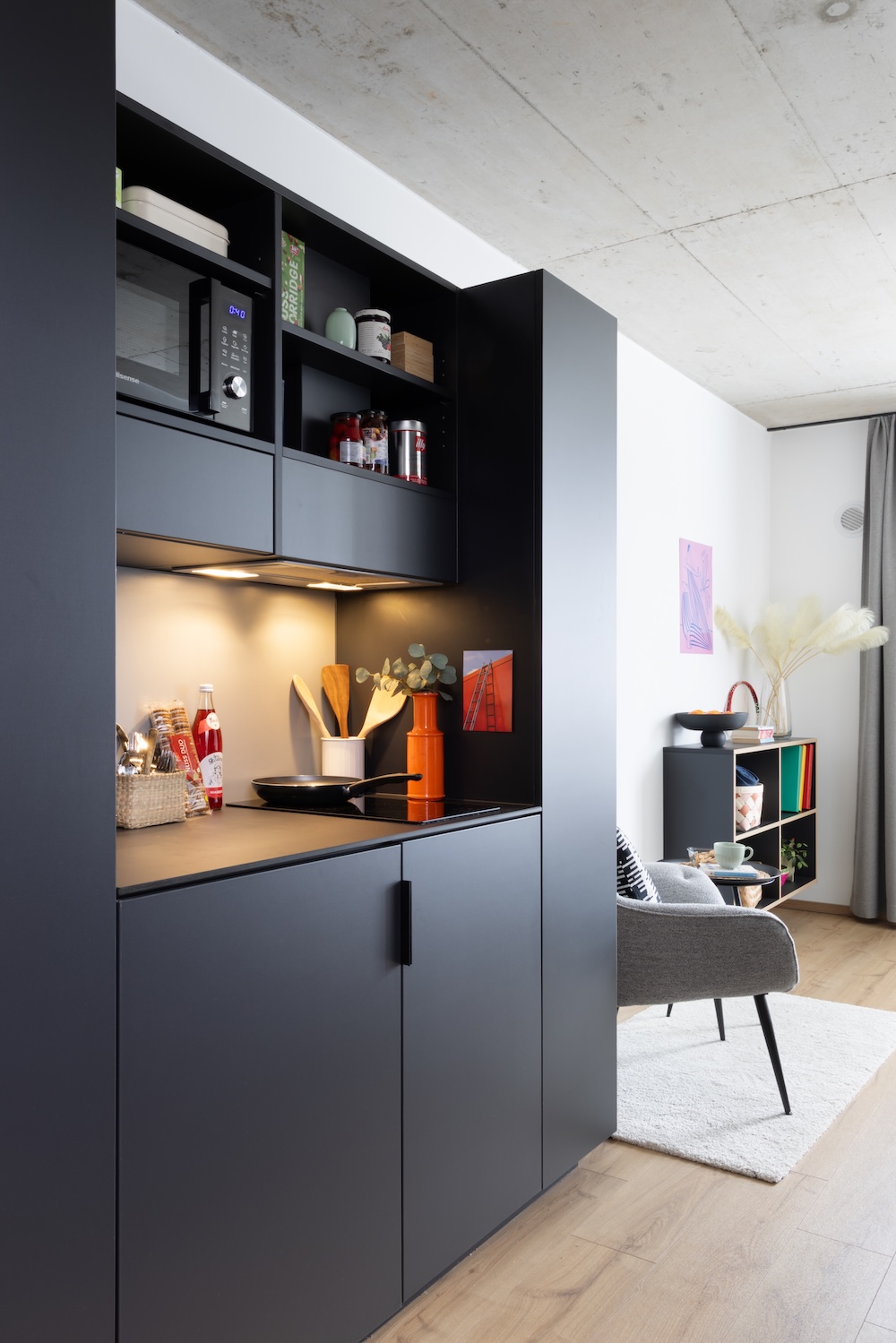 Kitchen shelving & storage drawers at the student accommodation