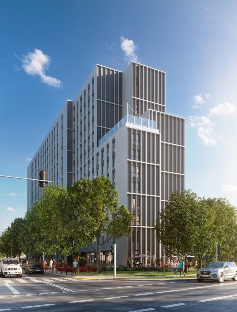 Daytime exterior of Tribera student housing on Obrzeżna in Mokotów, Warsaw, with landscaped street frontage.