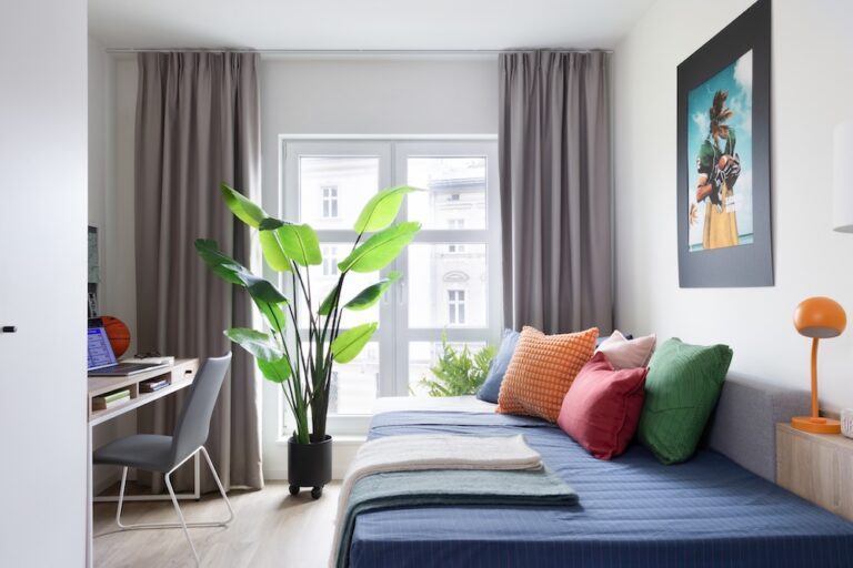 Bedroom in student housing in Krakow with twin daybeds, study desk, large plant and window.
